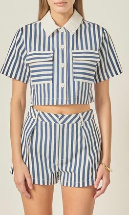 English Factory Stripe Short Sleeve Crop Shirt in Navy/off White at Nordstrom, Size X-Small