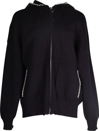 Sandro Pearl Embellished Hoodie in Navy Blue Viscose