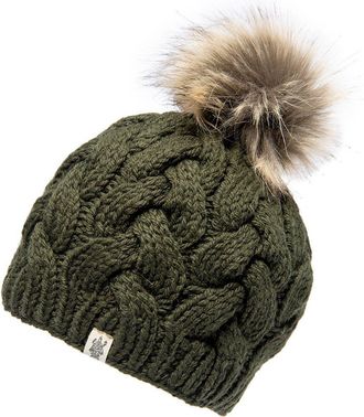 Nirvanna Designs Boheme Cable Beanie w/ Faux Fur Pom in Olive at Nordstrom, Size Medium