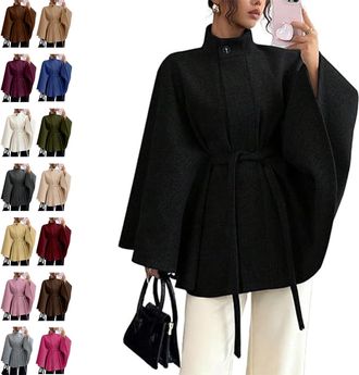 Generic Batwing Sleeve Cape Coat for Women Casual Belted Cloak Cape Wool Jackets Fall Winter Trendy Shlaw Poncho Peacoat (Black,L)