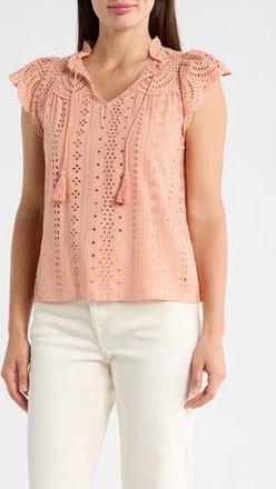 T Tahari Embroidered Eyelet Cap Sleeve Top in Caf Creme at Nordstrom Rack, Size X-Small