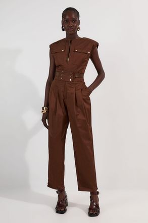 Karen Millen Womens Cotton & Faux Leather Tab Utility Jumpsuit - Chocolate - Size 8 UK