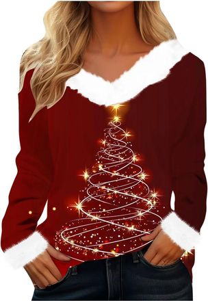 Generic Christmas Jumpers for Women Faux Fur Collar V Neck Sweater Plus Size Long Sleeve Christmas Print Sweatshirts Casual Oversized Outwear Pullover Ladies 