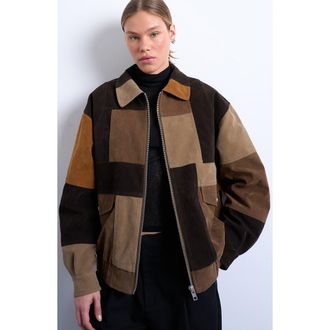 Topshop Patchwork Faux Suede Bomber Jacket in Brown Multi at Nordstrom Rack, Size Small