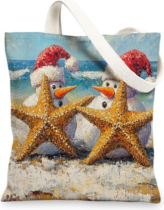 Generic Beach Christmas Starfish Canvas Tote Bag for Shopping 13x15, Fun Snowman Xmas Coastal Reusable Grocery Print Pattern Bag for Women, Holiday Beachy Bea