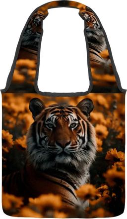 Generic Sunflower Pattern Tiger Reversible Canvas Shoulder Tote - Double-Sided Print, 12oz Cotton, 27cm Drop, Fold-Flat Bag for Travel, Shopping, Street Outin