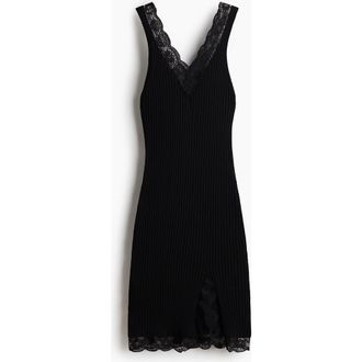 H&M Lace-trimmed Rib-knit Dress in Black at Nordstrom, Size Xx-Small