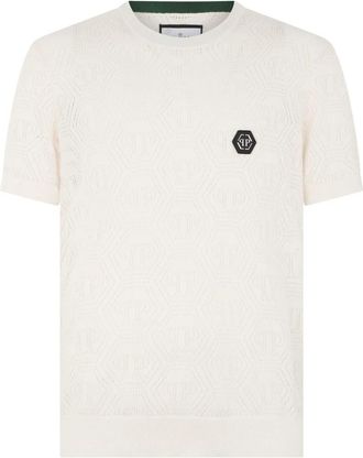 Philipp Plein T-shirt met Ronde Hals en Open Monogram - Heren - Ronde hals truien - Beige - L - Katoen - Truien & Vesten