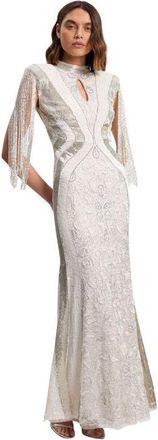 Karen Millen Tassel Sleeve High Neck Maxi Dress in Ivory at Nordstrom, Size 12