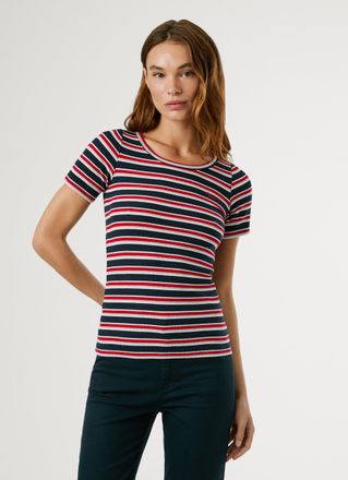 Pepe Jeans London Kurzarmshirt PEPE JEANS BAMBU, Damen, Gr. XL, blau (dulwich blau), Single Jersey, Obermaterial: 95% Baumwolle, 5% Elasthan, gestreift, slim fit, Rundh
