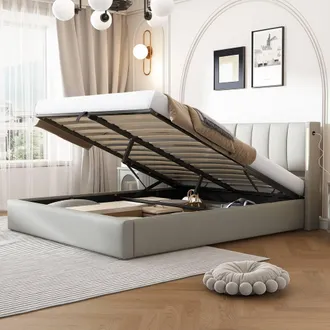 Matteo Super King Upholstered Storage Bed with USB & Adjustable LED Headboard in Grey