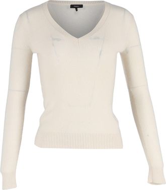 Theory Knitted V-Neck Sweater in Cream Wool