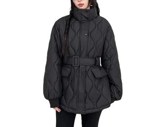 Generic Womens Lace-Up Stand Collar Thick Jacket, Casual, Comfortable, Classic Outerwear Black