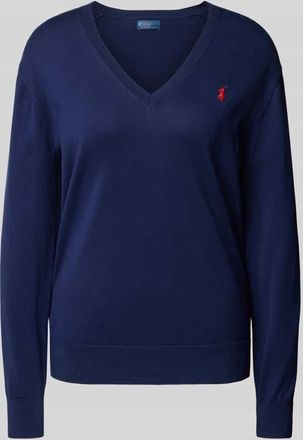 Polo Ralph Lauren Strickpullover mit Logo-Stitching und V-Ausschnitt in Marine, Größe XS