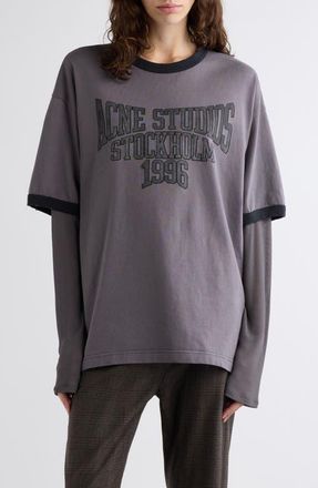 Acne Studios Edra Layered Oversize College Logo Graphic T-Shirt in Dark Purple/black at Nordstrom, Size Medium