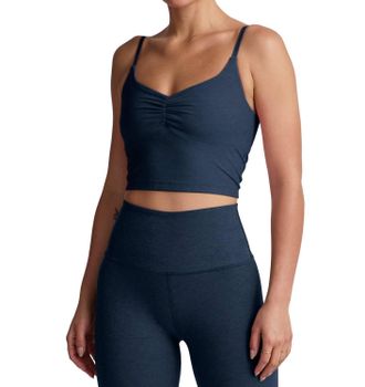 Beyond Yoga Spacedye Raise The Barre Shirred Cropped Tank In Nocturnal Navy