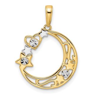 Diamond2Deal 14k Yellow Gold White Rhodium Diamond-Cut Heart, Star Moon Pendant