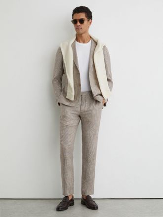 Reiss Oatmeal Brown Linen-wool Check Tailored-fit Suit Trousers, 38