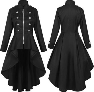 Generic Steampunk Tailcoat Women Ladies Gothic Vintage Long Coat Victorian Swallow Tail Double Breasted Overcoat Zip up Outerwear Stand-up Collar Long Trench 