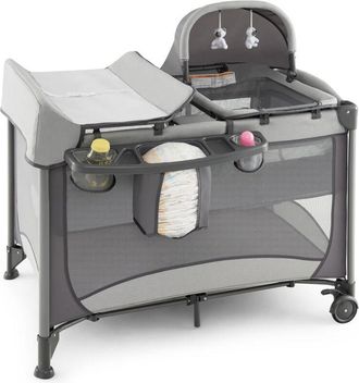 Costway Costway - Lettino Neonato Box Bambini con Culla e Fasciatoio, Lettino da Campeggio Pieghevole con Materassino, Ruote, Baldacchino Giocattoli