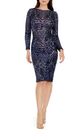 Dress The Population Emery Long Sleeve Sequin Cocktail Dress in Navy at Nordstrom, Size Xx-Small
