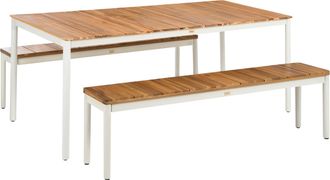 Beliani Mesa De Comedor De Jard&iacute;n Moderna Con 2 Bancos De Madera De Acacia Con Listones Y Estructura De Metal Marr&oacute;n Giovinazzo
