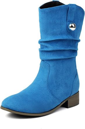 Generic Womens Slouch Mid Calf Boots With Metal Button Suede-Like Material Comfortable Slip Resistant Durable For Casual Daily Streetwear Fall Winter,Blue,7.5