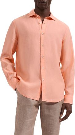 Bugatchi Axel Shaped Fit Linen Button-Up Shirt in Papaya at Nordstrom, Size Xxx-Large