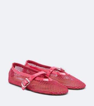 Alaia Ala&iuml;a Leather-trimmed fishnet Mary Jane flats