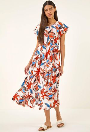 Roman Leaf Print Belted Midi Dress