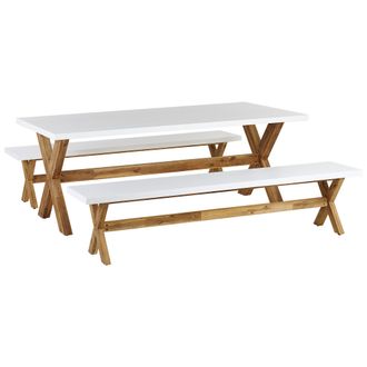 Beliani Conjunto Comedor De Jard&iacute;n De Cemento Y Madera Blanco Mesa + 2 Bancos Olbia