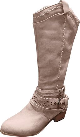 Generic Cowboy Boots for Women Comfortable High Heel Long Boots Vintage Buckle Hollow Boot Lady Round Toe Suede Outdoor Hiking Shoes
