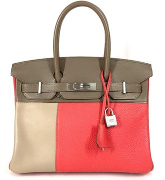 Herm&egrave;s Birkin Argile Etoupe Gray Gray Pink Rose Jaipur Swift Leather Taurillon Clemence Leather Handbag Tote Bag (Pre-Owned)