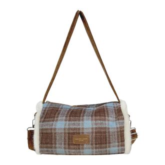 Generic Cymwer Autumn Plaid Crossbody Bag Cylindrical Bag with Zipper Closure for Women (Blue)