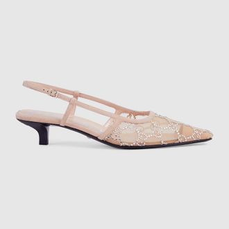 Gucci Womens GG Crystal Slingback Pump, Neutral, Fabric