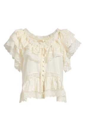 LoveShackFancy Persine Lace Trim Silk Top in Ivory at Nordstrom, Size Xx-Small