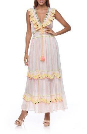 Ranee&rsquo;s Ruffle Sleeveless Cotton Maxi Dress in White/pink Multi at Nordstrom Rack