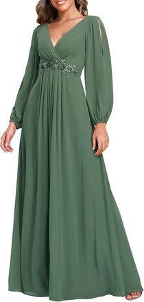 Ever-pretty Womens Maxi Elegant A-Line Deep V-Neck Appliques Pleated Wrap Bridesmaid Long Dresses Eucalyptus 18
