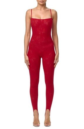 Naked Wardrobe Lace Stretch Lace Stirrup Jumpsuit in Ruby Red at Nordstrom, Size X-Small
