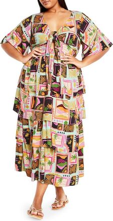 City Chic Ana Tie Front Tiered Midi Dress in Postcards at Nordstrom Rack, Size Xxl/24W