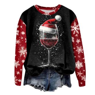 Generic Women Christmas Jumpers Ladies Xmas Jumpers Ugly Funny Graphic Red Wine Glass Print Sweatshirt Lined Crew Neck Loose Fit Long Sleeve Xmas Pullover Swe