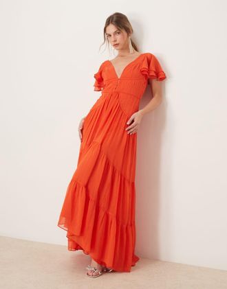 Asos flutter sleeve ruched maxi dress with hi low hem in spicy red