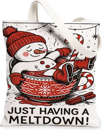 Generic Christmas Snow Man Canvas Tote Bags, Festive Holiday Pattern Reusable Grocery Bags, Lightweight Washable Shoulder Strap Can, Red, 13x15 Inch