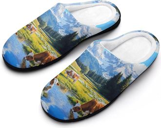 Generic Grand Teton Mountains Cow Womens Slippers Warm House Slippers Indoor House Shoes with Anti-Skid Rubber Sole