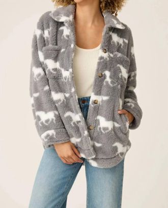 PJ Salvage Lets Get Cozy Plush Horse Print Jacket In Gray