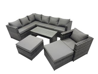 Fimous 6 Pieces Garden Furniture Corner Sofa Set & 2 Big Footstools in Dark Grey