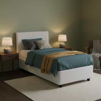Talamo Italia Cama Individual Catia, Cama Contenedor Con Revestimiento De Tela, 100% Made In Italy, Apertura Frontal, Con Colch&oacute;n Cm 80x200 Incluido, Blanco, Con Em