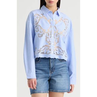 NVLT Embroidered Cutout Long Sleeve Crop Button-Up Shirt in Blue/White Stripe at Nordstrom Rack, Size X-Small