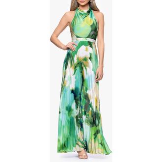 Betsy & Adam Cowl Neck Print Pleated Halter Gown in Green/Multi at Nordstrom, Size 14P