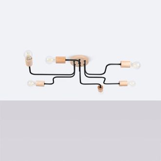 Wonderlamp L&aacute;mpara de techo negro y madera con 6 brazos irregulares